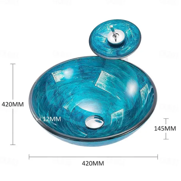 Minimalist Mediterranean Wind Round Basin Tempered Glass Wash Basin With Waterfall Faucet Basin Support Drainer