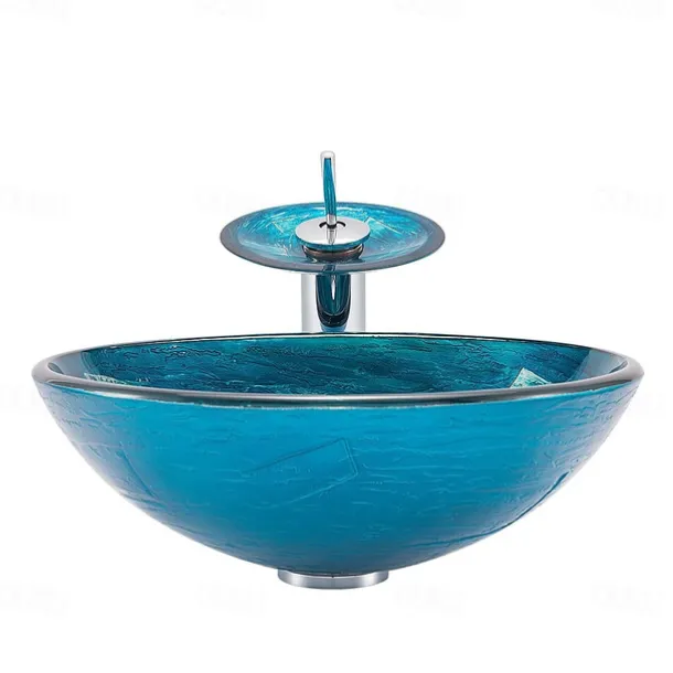 Minimalist Mediterranean Wind Round Basin Tempered Glass Wash Basin With Waterfall Faucet Basin Support Drainer