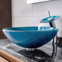 Minimalist Mediterranean Wind Round Basin Tempered Glass Wash Basin With Waterfall Faucet Basin Support Drainer