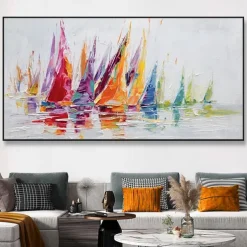 Mintura Handmade Boat Landscape Oil Paintings On Canvas Wall Art Decoration Modern Abstract Texture Picture For Home Decor Rolled Frameless Unstretched Painting