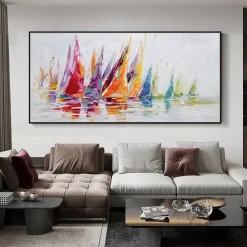 Mintura Handmade Boat Landscape Oil Paintings On Canvas Wall Art Decoration Modern Abstract Texture Picture For Home Decor Rolled Frameless Unstretched Painting