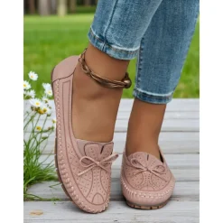 Moccasin Loafers for Women – Soft Shoes with Bow Detail and Rhinestone Design, Ideal for Casual Comfort and Spring/Summer Walks
