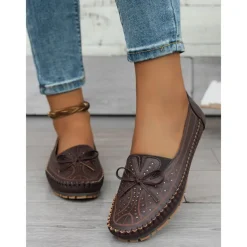 Moccasin Loafers for Women – Soft Shoes with Bow Detail and Rhinestone Design, Ideal for Casual Comfort and Spring/Summer Walks