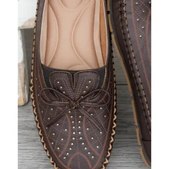 Moccasin Loafers for Women – Soft Shoes with Bow Detail and Rhinestone Design, Ideal for Casual Comfort and Spring/Summer Walks