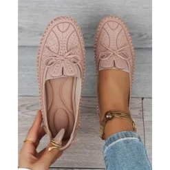 Moccasin Loafers for Women – Soft Shoes with Bow Detail and Rhinestone Design, Ideal for Casual Comfort and Spring/Summer Walks