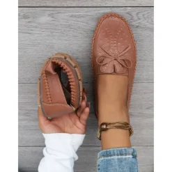 Moccasin Loafers for Women – Soft Shoes with Bow Detail and Rhinestone Design, Ideal for Casual Comfort and Spring/Summer Walks
