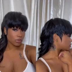 Model Length Full Machine Made Wig With Bangs Indian Virgin Human Hair Wigs For Black Women Dovetail Straight Remy