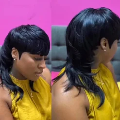 Model Length Full Machine Made Wig With Bangs Indian Virgin Human Hair Wigs For Black Women Dovetail Straight Remy