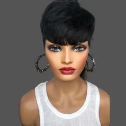 Model Length Full Machine Made Wig With Bangs Indian Virgin Human Hair Wigs For Black Women Dovetail Straight Remy