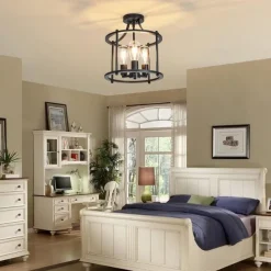 Modern Black Semi Flush Ceiling Light Fixture, 3 Light Traditional Pendant Light, Rustic Ceiling Light for Bedroom Living Room Dining Hall Hallway Kitchen 110-240V