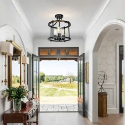 Modern Black Semi Flush Ceiling Light Fixture, 3 Light Traditional Pendant Light, Rustic Ceiling Light for Bedroom Living Room Dining Hall Hallway Kitchen 110-240V