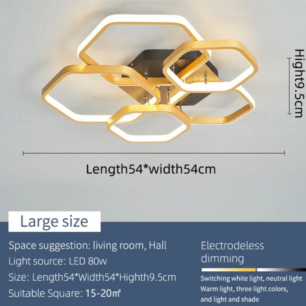 Modern Creative LED Ceiling Light with 3 Heads 52W 5 Heads 80W Stepless Dimming Remote Control APP Hexagonal LED Ceiling Light Suitable for Bedroom Living Room Dining Room and Home Lighting