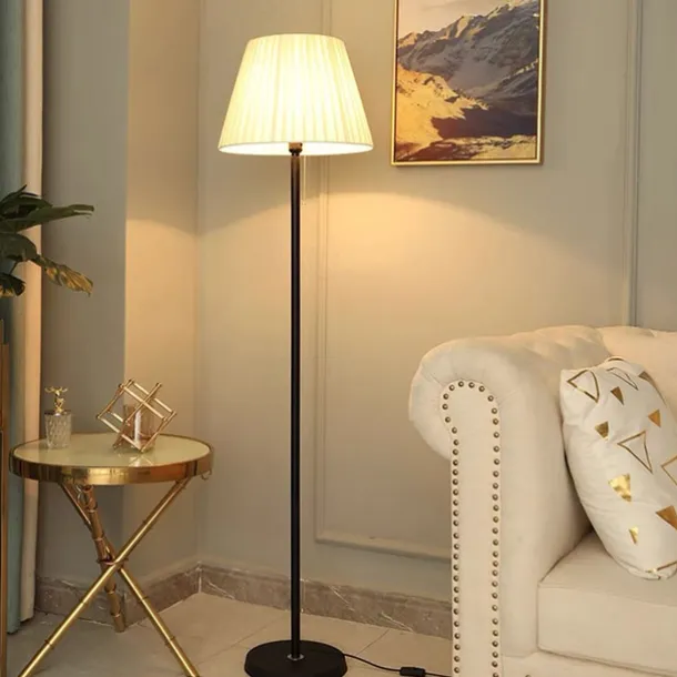 Modern Floor Lamp for Living Room, Height Adjustable Standing Lamp with Brass Base, Gold Brass Tall Post Light with White Linen Shade for Reading, Bedroom, Pull Chain Switch, Bulb Included