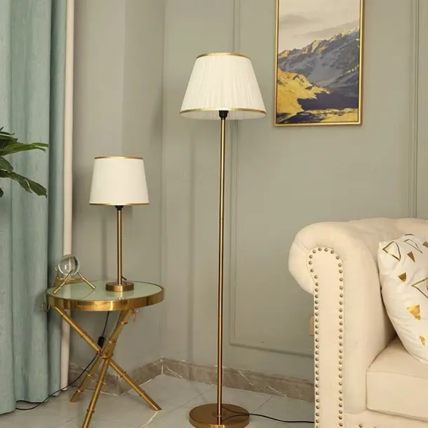 Modern Floor Lamp for Living Room, Height Adjustable Standing Lamp with Brass Base, Gold Brass Tall Post Light with White Linen Shade for Reading, Bedroom, Pull Chain Switch, Bulb Included