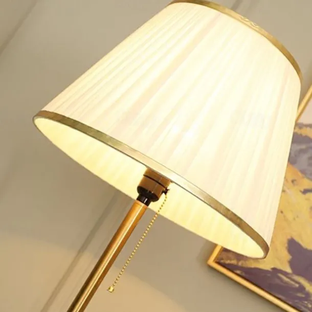 Modern Floor Lamp for Living Room, Height Adjustable Standing Lamp with Brass Base, Gold Brass Tall Post Light with White Linen Shade for Reading, Bedroom, Pull Chain Switch, Bulb Included