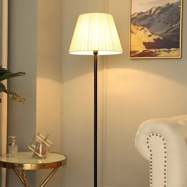 Modern Floor Lamp for Living Room, Height Adjustable Standing Lamp with Brass Base, Gold Brass Tall Post Light with White Linen Shade for Reading, Bedroom, Pull Chain Switch, Bulb Included