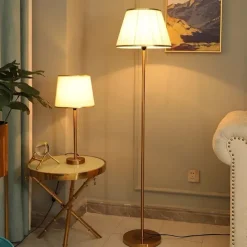 Modern Floor Lamp for Living Room, Height Adjustable Standing Lamp with Brass Base, Gold Brass Tall Post Light with White Linen Shade for Reading, Bedroom, Pull Chain Switch, Bulb Included