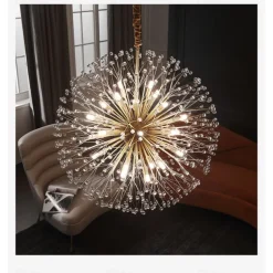 Modern Gold Crystal Chandeliers, 18/24-Light 60/77cm Dandelion Firework Pendant Lighting, Ball Hanging Chandelier Light Fixtures for Dining Room Bedroom Living Room Kitchen Island 110-240V