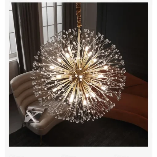 Modern Gold Crystal Chandeliers, 18/24-Light 60/77cm Dandelion Firework Pendant Lighting, Ball Hanging Chandelier Light Fixtures for Dining Room Bedroom Living Room Kitchen Island 110-240V