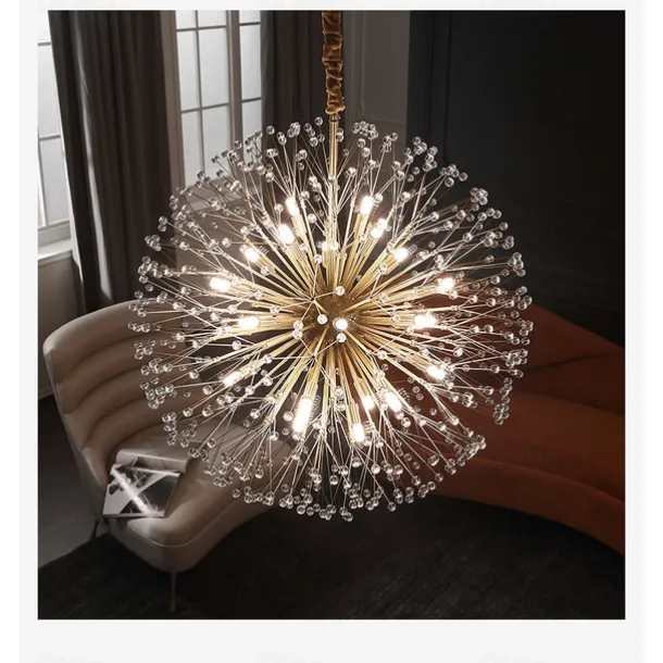Modern Gold Crystal Chandeliers, 18/24-Light 60/77cm Dandelion Firework Pendant Lighting, Ball Hanging Chandelier Light Fixtures for Dining Room Bedroom Living Room Kitchen Island 110-240V