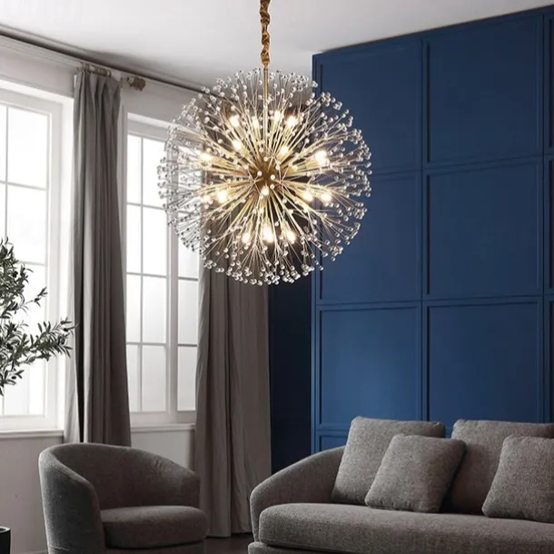 Modern Gold Crystal Chandeliers, 18/24-Light 60/77cm Dandelion Firework Pendant Lighting, Ball Hanging Chandelier Light Fixtures for Dining Room Bedroom Living Room Kitchen Island 110-240V