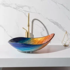 Modern simple clear light carving yuan treasure basin tempered glass wash basin with waterfall faucet basin support sink BWY19-193