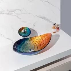 Modern simple clear light carving yuan treasure basin tempered glass wash basin with waterfall faucet basin support sink BWY19-193