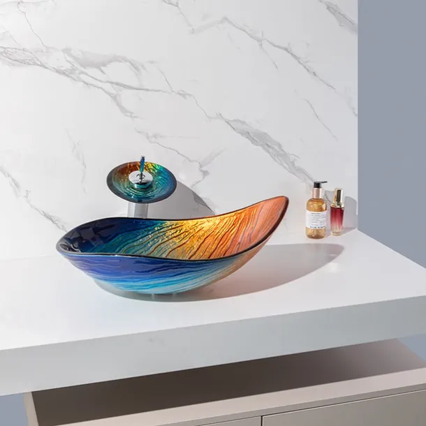 Modern simple clear light carving yuan treasure basin tempered glass wash basin with waterfall faucet basin support sink BWY19-193