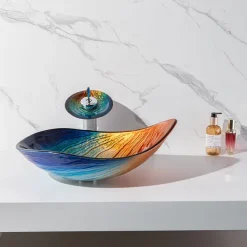 Modern simple clear light carving yuan treasure basin tempered glass wash basin with waterfall faucet basin support sink BWY19-193