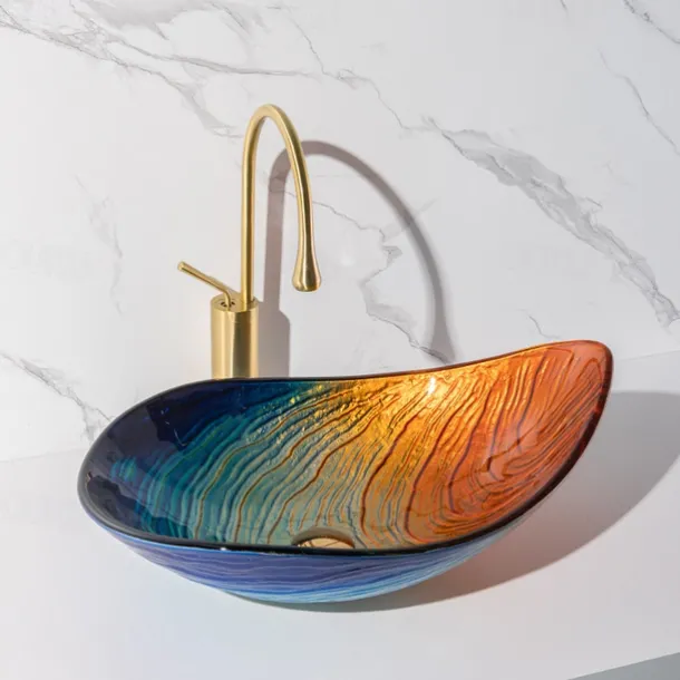 Modern simple clear light carving yuan treasure basin tempered glass wash basin with waterfall faucet basin support sink BWY19-193