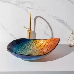 Modern simple clear light carving yuan treasure basin tempered glass wash basin with waterfall faucet basin support sink BWY19-193