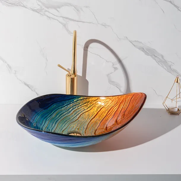 Modern simple clear light carving yuan treasure basin tempered glass wash basin with waterfall faucet basin support sink BWY19-193