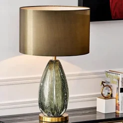 Modern Table Lamps Home Decor Bedroom Bedside Table Lamp Stained Dark Green Glass Support Round Fabric Lampshade Desk Lamp Light Fixtures Night Light for Bedroom