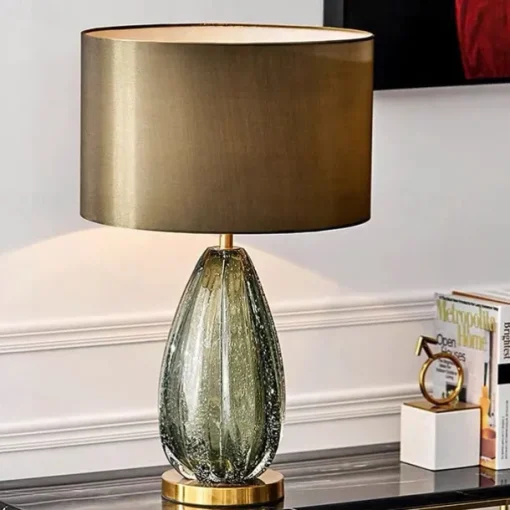 Modern Table Lamps Home Decor Bedroom Bedside Table Lamp Stained Dark Green Glass Support Round Fabric Lampshade Desk Lamp Light Fixtures Night Light for Bedroom