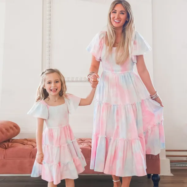 Mommy and Me Dresses Tie Dye Street Print Pink Short Sleeve Midi Mommy And Me Outfits Cute Matching Outfits