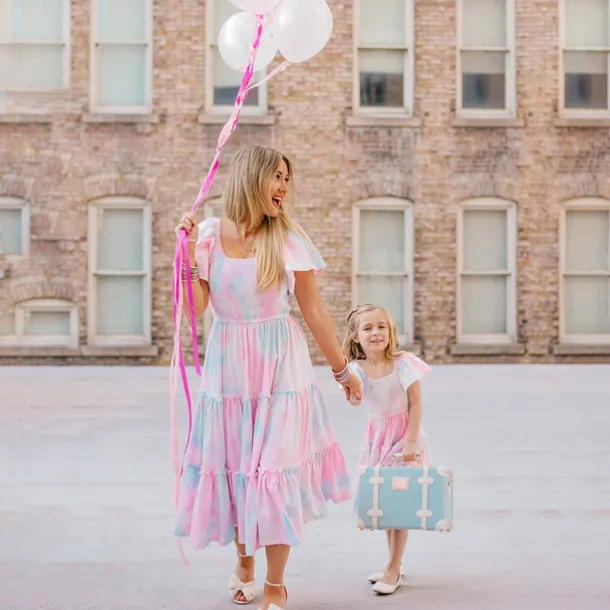 Mommy and Me Dresses Tie Dye Street Print Pink Short Sleeve Midi Mommy And Me Outfits Cute Matching Outfits