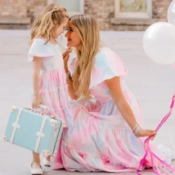 Mommy and Me Dresses Tie Dye Street Print Pink Short Sleeve Midi Mommy And Me Outfits Cute Matching Outfits