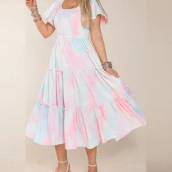 Mommy and Me Dresses Tie Dye Street Print Pink Short Sleeve Midi Mommy And Me Outfits Cute Matching Outfits