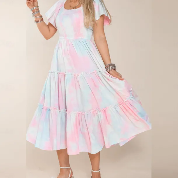 Mommy and Me Dresses Tie Dye Street Print Pink Short Sleeve Midi Mommy And Me Outfits Cute Matching Outfits