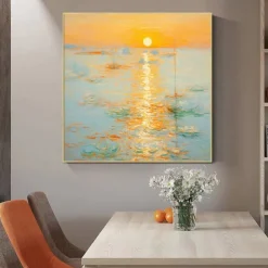Monet Impressionist Landscape Sunrise On The Sea Hand-painted Oil Painting Cream Style Living Soom Decoration Picture Entrance Square Hanging Paintings (No Frame)