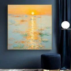 Monet Impressionist Landscape Sunrise On The Sea Hand-painted Oil Painting Cream Style Living Soom Decoration Picture Entrance Square Hanging Paintings (No Frame)