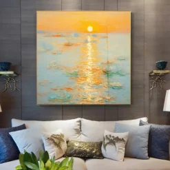 Monet Impressionist Landscape Sunrise On The Sea Hand-painted Oil Painting Cream Style Living Soom Decoration Picture Entrance Square Hanging Paintings (No Frame)
