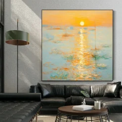 Monet Impressionist Landscape Sunrise On The Sea Hand-painted Oil Painting Cream Style Living Soom Decoration Picture Entrance Square Hanging Paintings (No Frame)