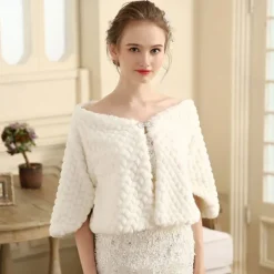 Mother's Wraps Elegant Keep Warm Long Sleeve Faux Fur Wedding Wraps With Pure Color For Wedding Fall