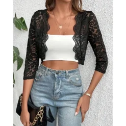Mother's Wraps Elegant Sun Protection Long Sleeve Lace Wedding Wraps With Pure Color For Wedding Summer