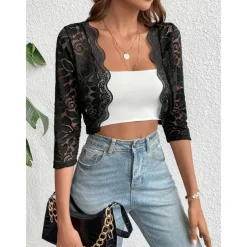 Mother's Wraps Elegant Sun Protection Long Sleeve Lace Wedding Wraps With Pure Color For Wedding Summer