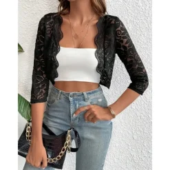 Mother's Wraps Elegant Sun Protection Long Sleeve Lace Wedding Wraps With Pure Color For Wedding Summer