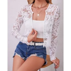 Mother's Wraps Elegant Sun Protection Long Sleeve Lace Wedding Wraps With Pure Color For Formal Summer