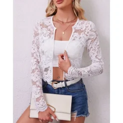 Mother's Wraps Elegant Sun Protection Long Sleeve Lace Wedding Wraps With Pure Color For Formal Summer