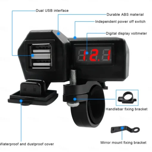 Motorcycle Mobile Phone Charger 3.4A Dual USB With Cigarette Lighter 10-24V With Voltage Display Meter Modification Accessories